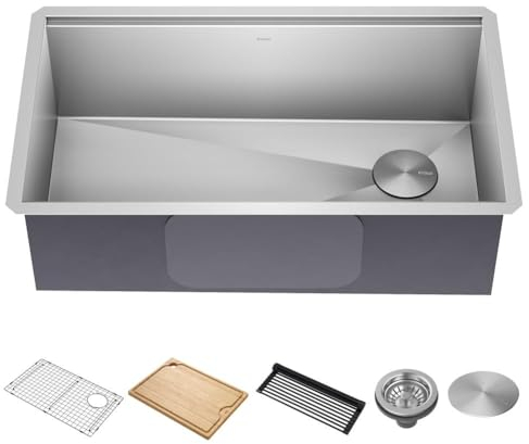 KRAUS Kore KWU110-32 - Fregadero de cocina de acero inoxidable con estación de trabajo de calibre 16 de 32 pulgadas con accesorios, KWU110-32