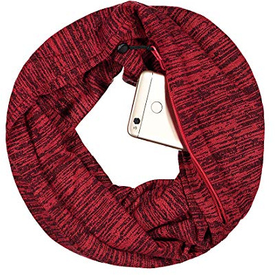 Simoda Unisex Infinity Loop Schal,Leichten Reise Schal Damen-Schal Mode-Schal mit Versteckter Reißverschlusstasche (Rot)