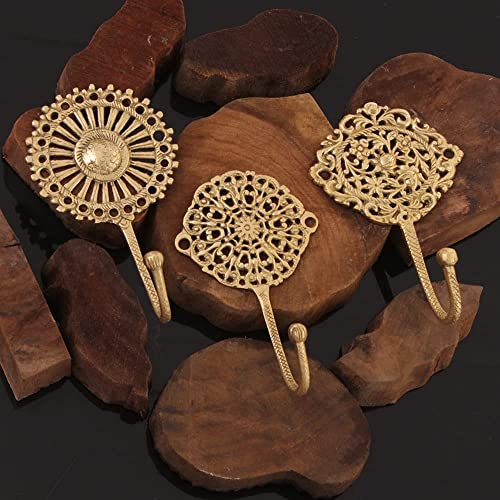 IndianShelf 3 Boho Wall Hooks Decorative Wall Hooks Brass Wall Hooks Shabby Chic Key Hooks Holder Coat Rack Wall Mount Gold Wall Hooks Vintage Wall Hooks Coat Hooks for Hanging Coats Gold Hooks