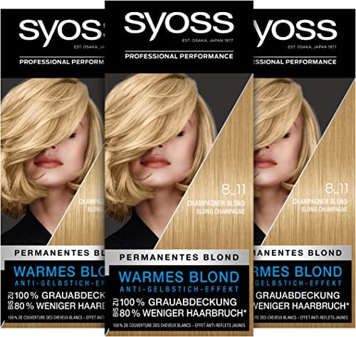 Syoss Color Coloration 8_11 Champagner Blond Stufe 3 (3 x 115 ml), permanente Coloration für ein warmes Blond mit Anti-Gelbstich-Effekt, 80% weniger Haarbruch*