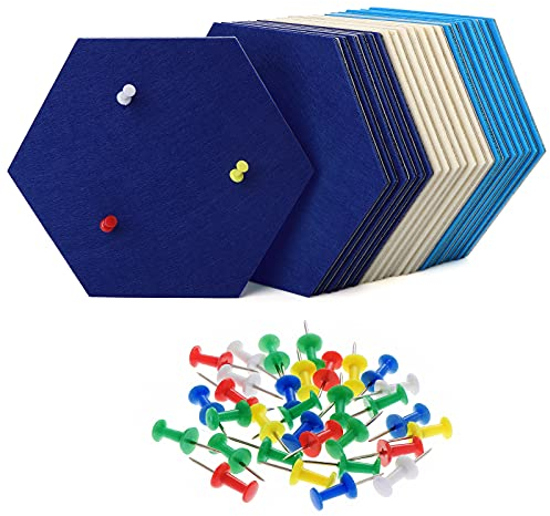 HonGien 21 Stück Filz Pinnwand Sechseckig,Sechseckig Memoboard,Pinnwand Kork mit 30 Stück Mehrfarbigen Pushpins,Korkplatte für Foto Hängen,Heim Büro Klassenzimmer,Blau und Weiß