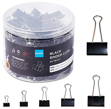 tenwin Binder Clips，100PCS Foldback Clips for Paper，Photo File Paper Document Clip for Home and Office Supplies, 6 Sizes Assorted Paper Clips Stationary Clamp Clips 51/41/32/25/19/15 mm (Black)