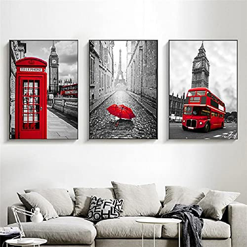 Bus rouge noir blanc Paris londres affiches et impressions peintures sur toile cabine téléphonique Art photos murales pour la décoration de la chambre 30x42cmx3 sans cadre