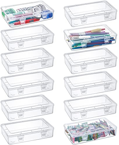 Kingrol 12 Pack Clear Plastic Storage Containers with Lids, 20x12.5x4.5cm Plastic Pencil box, Empty Hinged Boxes, Stackable Pencil Case Organizer Boxes for School, Home, Office, Craft Supplies