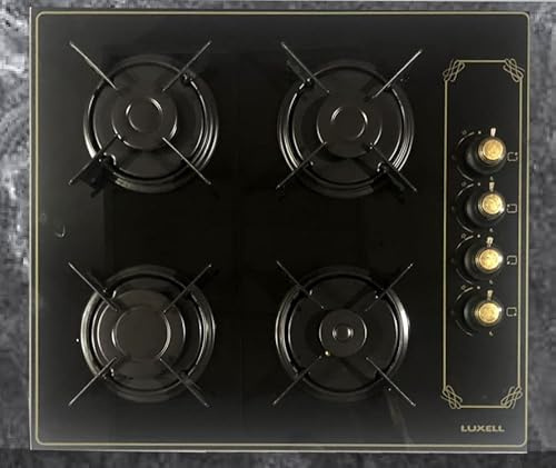 Piano cottura 4 fuochi 60 cm nero rustico vetro ghisa gas gpl incasso manopole vintage decorato blocco di sicurezza Luxell LX-40TAHDF(CAMLI)