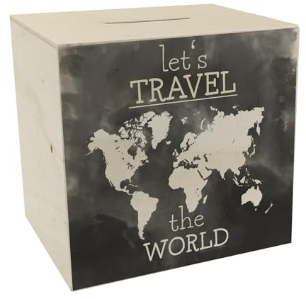 Spardose aus Holz mit Weltkarten Motiv und Text - Let's travel The World in Schwarz Spardose aus Holz mit Wasserfarbenmotiv und schönem Design um auf eine Weltreise oder den
