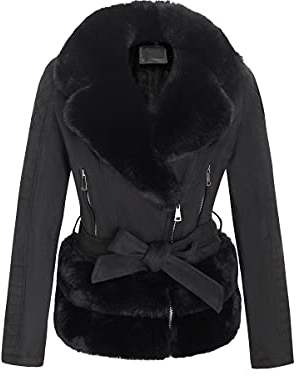 Geschallino Damen-Jacke aus Wildlederimitat Motorrad-Kurzmantel Sherpa Gefütterte Oberbekleidung mit Gürtel 8831A Schwarz L