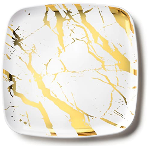 Decorline - Plateau de Service - Lot de 4 - Plats à Servir en Marbre en Plastique Réutilisable Robuste, Plateaux Traiteur de présentation/décoration Pour de Fête Buffet - Carré 35x35 - Blanc/Or