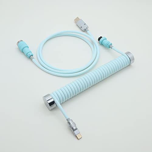 Coiled USB C Cable, Fixed Rod Winder, Detachable Aviator Connector, Double Sleeved Cable for Mechanical Keyboards (Color : Cyan)