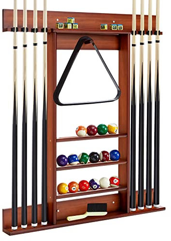 GYMAX Porte Queue Billard Mural avec 8 Trous Baton de Billard et 15 Porte-balles, Support de Queues de Billard en Bois en Pin pour Salle de jeu, Club, Bar(Marron)