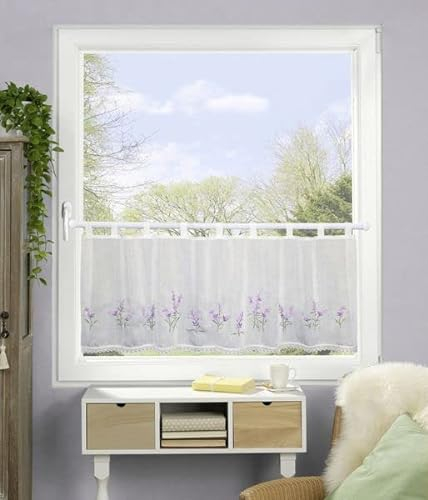 Scheibengardine Lavendel Stickerei- Bistrogardine mit Häkelkante, makramee Abschluss Leinenoptik 45 x 120 cm