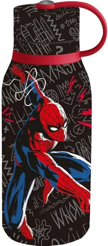 Botella de acero inoxidable aislante negra Marvel Spiderman de 330 ml para niños con caño y tapón de seguridad