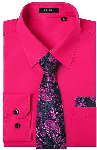HISDERN Camisa Hombre Fucsia Manga Larga Formal Camisas y Corbata Elegante Camisa de Vestir de Negocios Boda con Bolsillo Regular Fit XXL