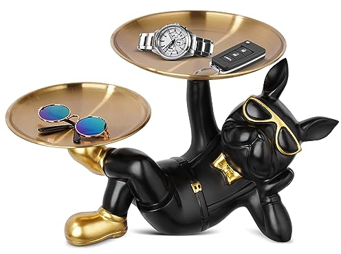 Französische Bulldogge Tablett Deko, Bulldogge Schlüsselschale Schlüssel Aufbewahrungs, Coole Französische Bulldogge Figur mit Tablett, Hunde Skulptur Aufbewahrungsbox für Schlüssel Süssigkeit