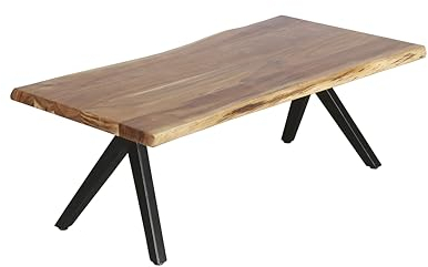 byLIVING Couchtisch CHETA/Sofatisch Massivholz Akazie Natur braun/Füße Metall schwarz/Beistelltisch mit Baumkante 35-37 mm/B 115, H 37, T 60 cm