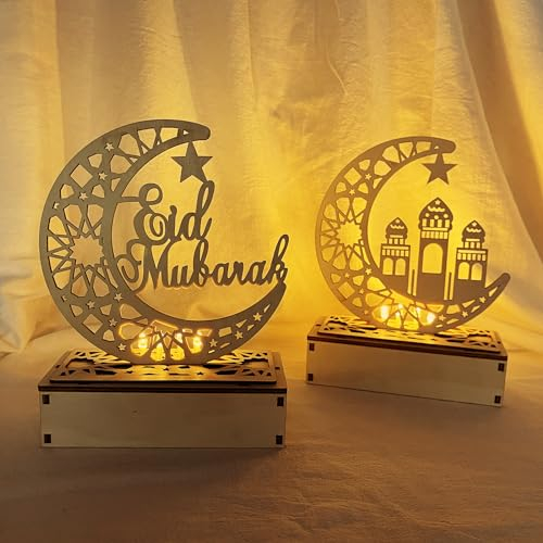 Ramadan Deko Holz, Eid Mubarak Dekoration Led, Islam Deko Tisch, Led Ramadan Lamps, Islamische Dekoration Ramadan, Eid Mubarak Nachtlicht Sterne, Mond Und Moschee Licht Nachttischlampe 2er Set -C