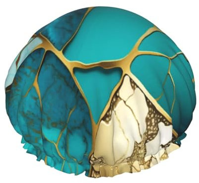 Shower Cap - Double Layer Waterproof Shower Caps Compatible with Gold Glitters Marble Turquoise Luxury Texture for Women Girls, Hair Caps for Shower Fits Short and Long Hair