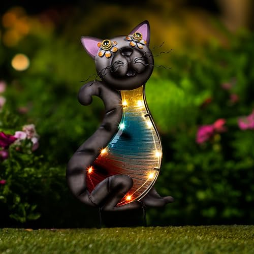 LED Solar Gartenstecker Katze 31 cm Gartendeko für Draußen | Gartendeko Katze - Gartenstecker Metall / Gartendeko Solar perfekt als Terrassen Deko & Balkon Deko | Metall Deko Garten Geschenk Garten