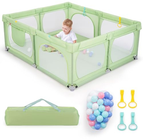 COSTWAY Laufstall Baby 189 x 158 cm, Laufgitter mit 50 Spielbällen & 4 Zugringen & 4 Reißverschlusstür, Krabbelgitter mit atmungsaktivem Netz, Laufgitterzelt für Kleinkinder (Ohne Matratze,Grün)