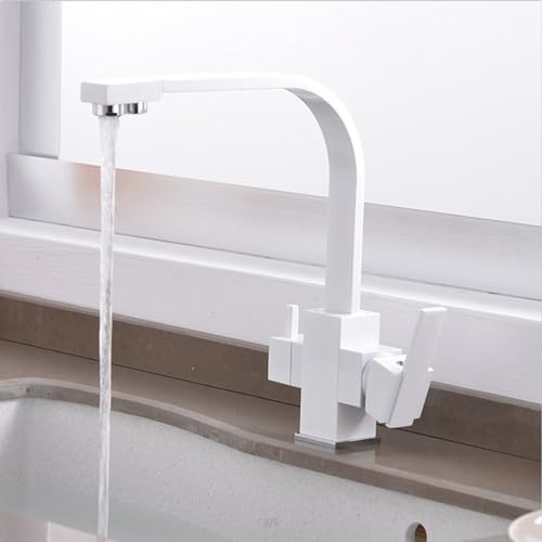 XJTNLB 3 Wege Wasserhahn Küche Weiß Trinkwasserhahn mit 2 Hebel Küchenarmatur 3 Wege Wasserhahn mit Filter-Mischbatterie