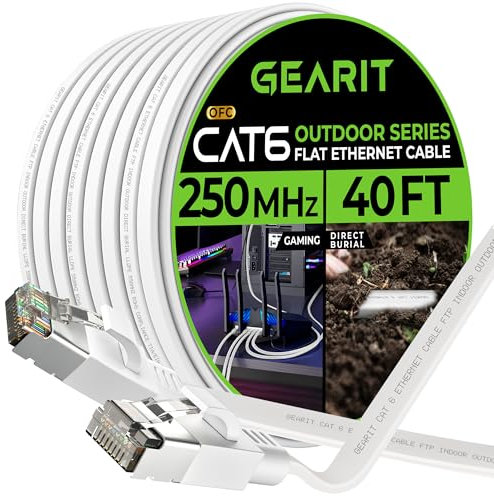GEARit Cat 6 Outdoor Flat Ethernet Cable (40ft, White) Direct Burial Rated LLDPE Jacket - Indoor Cat6 Shielded FTP 10Gbps High Speed Gaming Computer Network RJ45 Snagless Patch Cord Internet