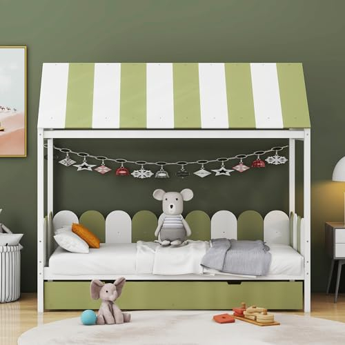 Ojiuboo Kinderbett mit Ausziehbett, Hausbett für Jungen und Mädchen mit Dach und Rückenlehne, Massivholzbett mit Lattenrost, grün,90x190cm