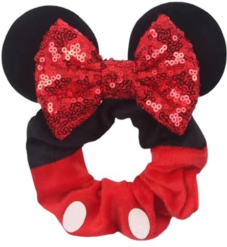 Minnie Mouse Inspired Hair Scrunchie with Ears and Bow - Hand Finished Disney Theme Hair Accessory (Mickey (Red))
