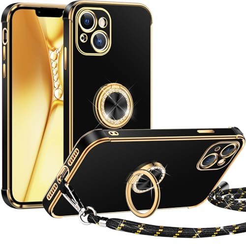 Miss Arts für iPhone 15 Hülle mit Band, Ring Ständer Handykette Handyhülle Frauen Mädchen Dünn Stoßfeste Schutzhülle für iPhone 15 Case Schwarz