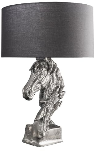 Riess Ambiente Handgearbeitete Tischlampe Caballo 60cm Silber schwarz Metall Baumwolle Pferde-Skulptur Handmade Nachttischlampe Dekolampe Tischleuchte