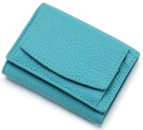 RRANCharltu Kleines Portemonnaie Damen Echtleder mit RFID-Schutz kleine Geldbörse Damen mit Münzfach Mini Geldbeutel mit Kartenfächer, Himmelblau