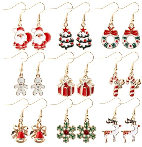 9 Paar Weihnachtsbaum Ohrringe, Weihnachts Ohrringe Festliche Feiertagsohrringe Weihnachtselch Schneeflocke Baumohrringe Hakenohrringe Weihnachtsschmuck Weihnachtsgeschenke für Frauen