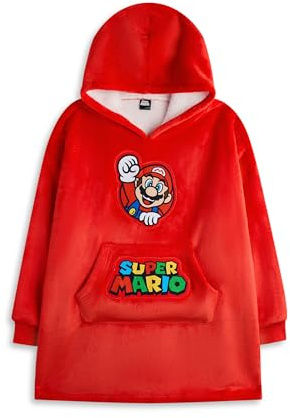 Super Mario Nintendo Tragbare Decke Hoodie für Jungen | Roter Kapuzenpullover für Kinder mit Mario Charaktergrafiken | Kinder Loungewear mit Sherpa-Futter und Taschen | Videospiel-Merchandise-Geschenk
