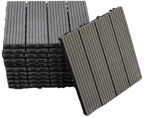 Gr8 Garden 11 Piece Wooden Stripe Effect WPC Composite Classic Interlocking Floor Decking Tiles Outdoor Patio Garden Lawn Balcony Floor Play Area Deck Terrace Set (Black)