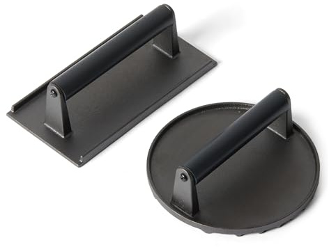 Amazon Basics Burgerpresse mit Holzgriff, Gusseisen, Rund und Rechteckig, Geriffelter Boden, Schwarz, 2er-Set