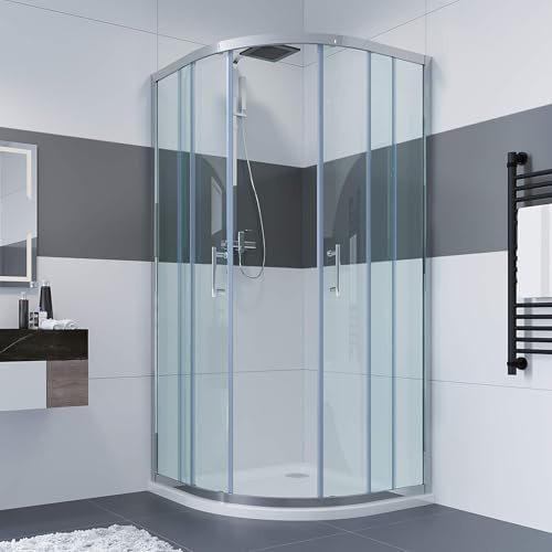 IMPTS Duschkabine Viertelkreis 80 x 80 cm Runddusche Schiebetür, Höhe 195cm | 6 mm ESG Sicherheitsglas Nano-Beschichtung, Rahmenloses Design, Silber, MIT Duschwanne & Ablaufgarnitur