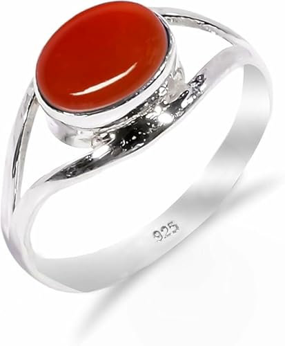 Ring Silber Damen 100% Natürlicher Edelsteinring, Ring für Männer-Frauen 925 Sterling Silber Karneol Steinring RB-01-CRNL-8