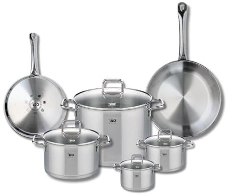 ELO 9504250 Batterie de cuisine 6 pièces, Ensemble de 2 Poêles de cuisson 24 et 28 cm et 4 faitouts 12, 14, 20 et 26 cm Elo Profi Citrin, inox, induction, Gris Argent