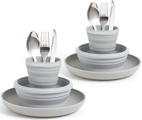 Lafuntar Camping Teller Schüssel Tasse Besteck Set für 2, Faltbare Tragbare Camping Teller und Schalen Set, Camping Geschirr Sets für Camping, Reisen & Outdoor