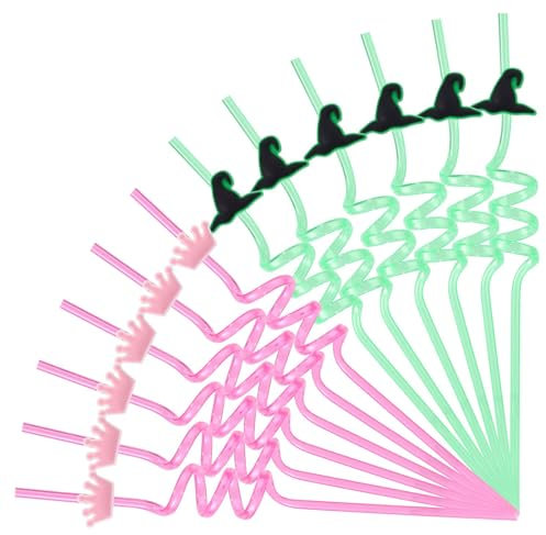 SAVITA 12pcs Witch Princess Drinking Straws, Plastic Reusable Pink Crown and Green Wizard Hat Curly Straws for Themed Party Decor Birthday Halloween Crazy Party Supplies