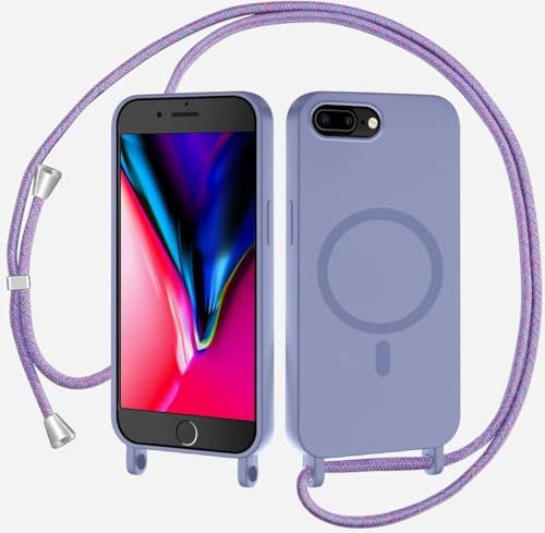 TQmchun Magnetische Handykette mit Band für iPhone 6/7/8 Plus,Handyhülle [Kompatibel mit MagSafe],Weich TPU Liquid Silikon Necklace Umhängen Kameraschutz Kette Stossfest Schutzhülle-Lichtviolett