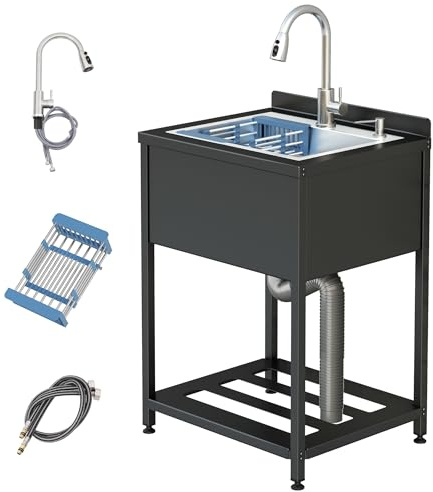 Évier de cuisine noir avec 1 baignoire, 65 x 52 x 100 cm, extérieur avec support et robinet, évier, jardin, camping, pour intérieur extérieur