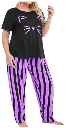 Pantaloni Relax da Donna Pigiama di Grandi Dimensioni da Donna Set T-shirt a Maniche Corte e Pantaloni a Righe Vestiti da Notte Body Rosa Grande, viola., XL