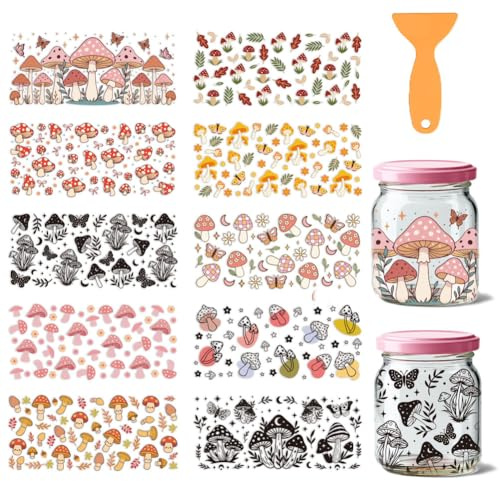 GOMAKERER 10 Blatt UV DTF Cup Wraps, Bunte Pilz Schmetterlings Gras Stern Blumen UV DTF Becherverpackungen Wasserdichte UVDTF Cups Wraps Transferaufkleber Für DIY Flaschen Milchteetassen Trinken