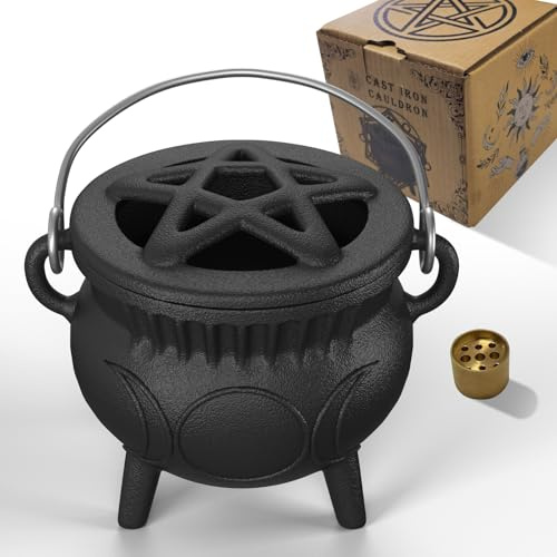 Aurionix Triple Moon Cast Iron Cauldron with Lid and Handle, 5 Inch | Pre-seasoned cast iron for witchcraft rituals, incense burning, smudging, candles, decor, and small-batch cooking.