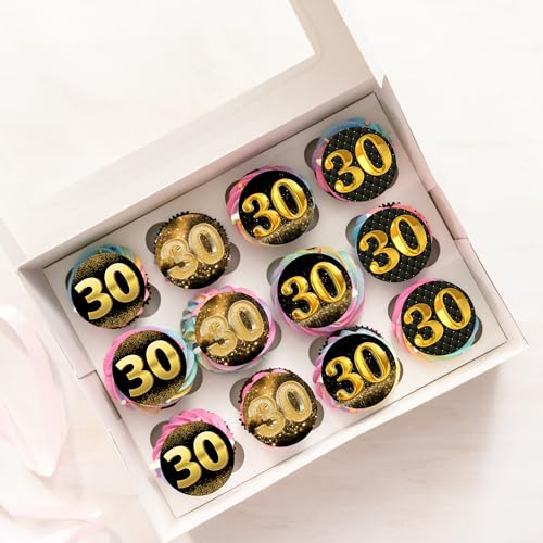 30th Black & Gold Happy Birthday Wafer Rice Paper Cupcake Topper Cake Decoration Pack of 24