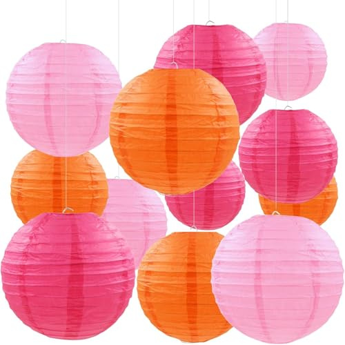 Papier Lampions Rosa Orange Fuchsia Papierlaterne für Hochzeit Gartenparty | 12 Stück Orange Rosa Runde Papier Laterne für Geburtstagsfeier Herbst Deko Jubiläum Erntedankfest Party Dekoration