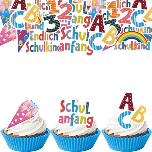ALEGRE Einschulung Kuchen Deko Essbar, 48 Stück Essbare Tortendeko Einschulung Junge Mädchen, Cupcake Topper Schulkind Deko 2026, Kuchendeko Schulanfang, Esspapier Tortendeko Schulanfang ABC Schultüte