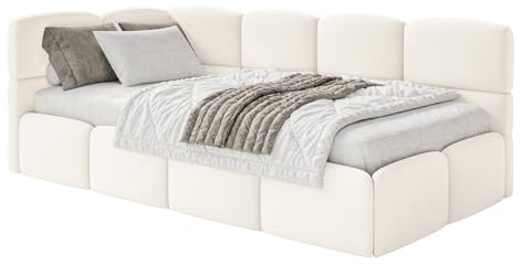 Selsey Jugendbett 120x200cm Creme mit Matratze und Lattenrost, gepolstertes Polsterbett mit Stauraum und Bettkasten, Jugendbett linksseitig mit Eckkopfteil, Kinderbett 120x200 für Jugendzimmer