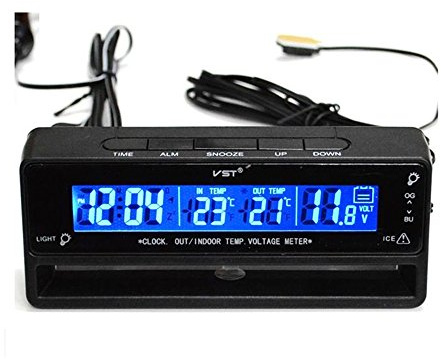 Sharplace Digital LCD Innen Außen Temperaturmesser Spannungstester Voltmeter Auto Uhr Schwarz