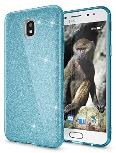 NALIA Handyhülle kompatibel mit Samsung Galaxy J7 2017 (EU-Modell), Glitzer Slim Silikon Hülle Case Backcover Cover TPU Schutzhülle, Glitter Sparkle Bumper Dünnes Strass Etui, Farbe:Türkis